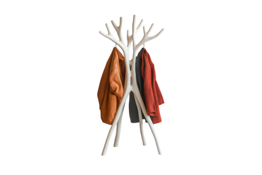 Tree-branch inspired white coat rack holding multiple jackets in earthy colors, elegant and modern, isolated on a transparent background