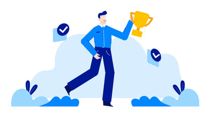 Man holding a golden trophy in a blue shirt, suitable for success, achievement, competition, victory concepts, corporate or sports designs.