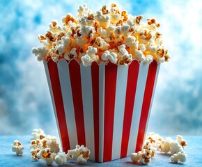 Close-up of overflowing striped red and white container filled with freshly popped popcorn scattered on a blue surface against a soft cloudy background