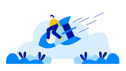 Person in a yellow shirt riding a blue rocket, perfect for adventurous and futuristic themed designs, children's illustrations, and rocket related concepts.