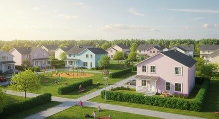 Harmonious Neighborhood: A picturesque suburban scene, showcasing a community of houses bathed in the warm glow of the setting sun, promising a sense of peace, serenity, and a strong community spirit.