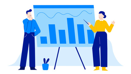 Woman presenting a bar chart to a man in a business meeting. Suitable for presentations, reports, finance concepts, teamwork illustrations.