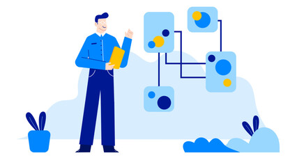 Man in blue clothes with a yellow folder stands in front of a blue and yellow chart. Suitable for business presentations.