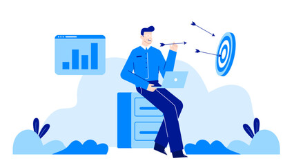 Businessman on file cabinet with laptop aiming at target. Suitable for motivation, success, business goals, achievement, strategy concepts.