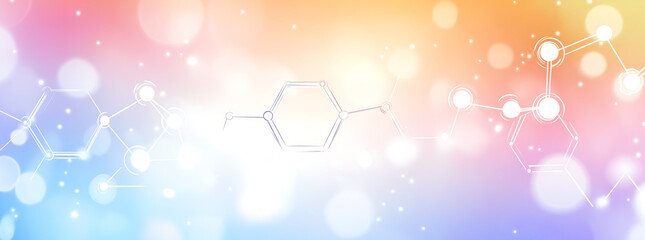 A soft pastel background features an abstract representation of a molecular structure with interconnected nodes and hexagonal shapes.  The image evokes a sense of science and technology.
