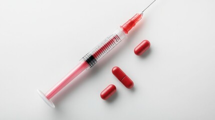 Fototapeta premium Red Pills and Syringe on White Background