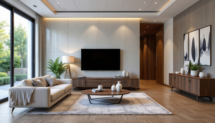 Modern living room with elegant furniture, natural light, and stylish decor