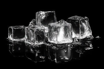 Close-up of melting ice cubes with detailed texture and reflections on a glossy black surface