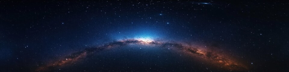 Fototapeta premium Panoramic view of a starry night sky with a dense Milky Way galaxy band glowing brightly across the horizon, evoking a sense of wonder and vastness