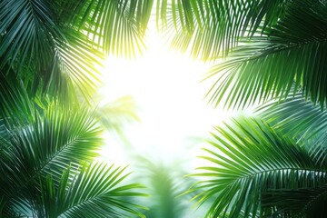 Fototapeta premium Bright sunlight shining through lush green palm leaves creating a vibrant tropical atmosphere
