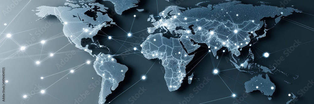 Poster visual representation of a world map showcasing digital connections and data points across continent