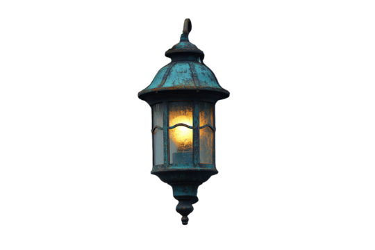 A classic ornate blue wall sconce with detailed ironwork and bright glowing bulb, isolated on a transparent background