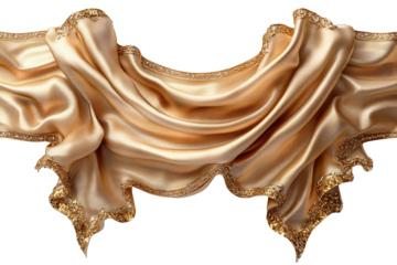 Elegant gold fabric swag with embellished scalloped edges and rich folds, isolated on a transparent background