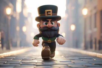 Cartoon Character of Leprechaun Walking Down City Street
