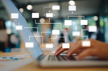 A laptop screen shows a diagram of a process with a person typing on it