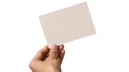 Hand Holding Blank Beige Card on Transparent Background