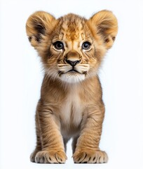Obraz premium close-up of an adorable young lion cub standing and looking forward with curious and innocent expression on a white background