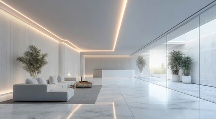 Obraz premium Modern minimalist interior with white furniture and plants