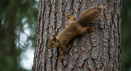 Obraz premium Curious Squirrel on Tree Bark: A playful squirrel clings to rough tree bark in a natural forest environment. Its gaze is fixed forward, curious and alert, adding charm to this nature scene.