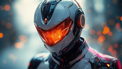 Close-up of futuristic armored robot with glowing orange visor and sleek metallic design amid blurred glowing particles