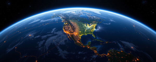 Obraz premium Stunning view of Earth at night showcasing illuminated cities and landscapes