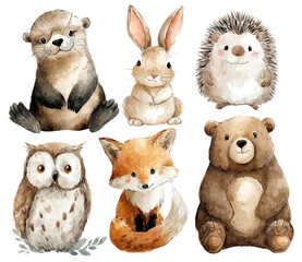Fototapeta premium A set of cute animal drawings, including a bear, a rabbit, a hedgehog, a raccoon