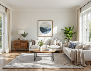 Revamp your living space with modern, cozy design featuring stylish sofa, coffee table