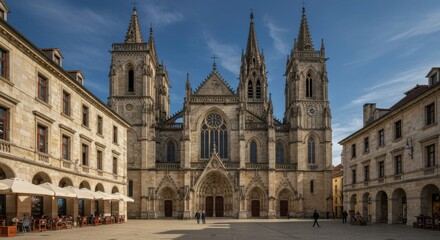 Fototapeta premium Cathedral Architecture: A majestic cathedral stands tall against a vibrant blue sky, the grandeur of its architecture captivating the eye. The shot's perfect framing highlights its intricate details.