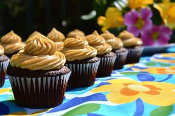 Delicious Chocolate Cupcakes with Creamy Frosting on Colorful Table