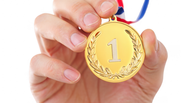 Closeup of Hand Holding Gold Medal Number One on Transparent Background - Powered by Adobe