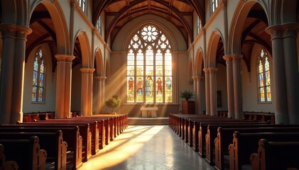 Fototapeta premium Serene church interior, sunlight streaming through stained glass, cross, church