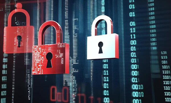  A digital illustration of two red padlocks, one with an open lock and the other closed, floating above binary code symbols on a dark background. The focus is sharp against a blurred backdrop 