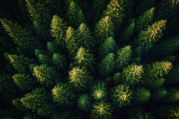 Fototapeta premium Aerial view of dense green pine forest with sunlight illuminating tree tops, evoking a sense of tranquility and natural beauty