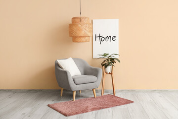 Stylish armchair with purple carpet and houseplant on stool near beige wall in room