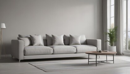 Sleek gray sofa in bright minimalist living room, pillows, apartment