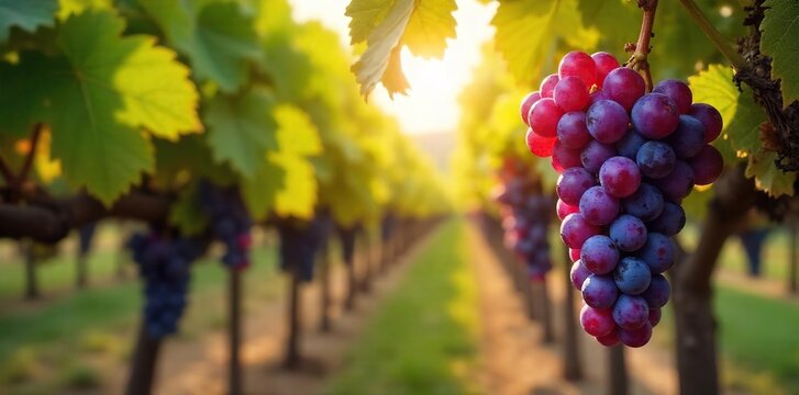 Sun-drenched bunches of grapes hang heavy on the vine, ready for the harvest and transformation into delicious grapevine wine  A picturesque scene of rustic winemaking ,  red wine,  bunches,  crush