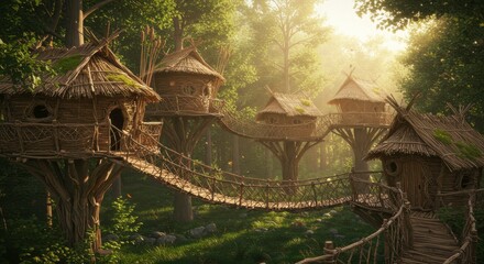 Forest Treehouses: A collection of charming treehouses nestled within a lush forest, connected by wooden bridges and bathed in sunlight, evoke a sense of whimsical escapism.
