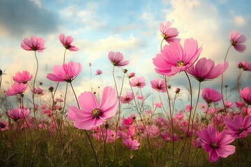 Field of vibrant pink cosmos flowers swaying under a bright sky with scattered clouds, evoking a serene and uplifting mood