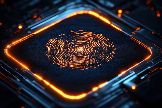 Glowing orange digital fingerprint on a high-tech dark electronic circuit background representing biometric security and identity verification