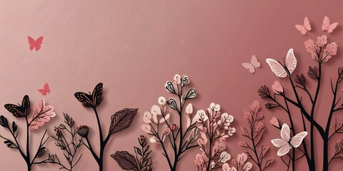 Abstract floral design with flowers, grass, and butterflies in a seamless pattern, perfect for spring and summer-themed decorations, wedding cards, or vintage-style wallpapers