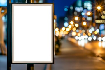 A large white sign is on a pole in a city