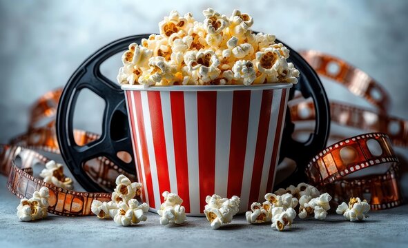 Freshly popped popcorn overflowing from a red and white striped container surrounded by black film reels and scattered film strips, evoking a cinematic experience