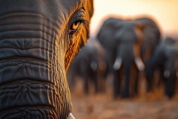 Close-up of an elephant's eye and textured skin with a herd of elephants blurred in the background at sunset, evoking a calm and majestic mood