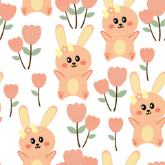 Obraz premium Seamless pattern cartoon bunny and tulip pink flower. cute animal pattern for wallpaper, background and gift wrap paper