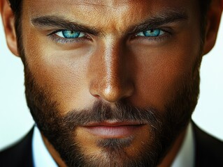 Obraz premium Close-up portrait of a man with intense blue eyes, tanned skin, and a full beard, expressing confidence and determination