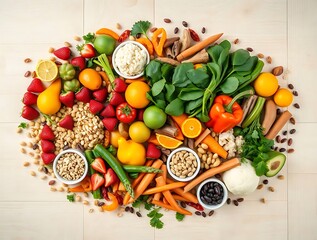 A Vibrant Oval-Shaped Arrangement Of Fresh Fruits, Vegetables, Nuts, Seeds, And Grains Including Strawberries, Oranges, Spinach, Carrots, And Avocado On A Light Wooden Surface, healthy eating