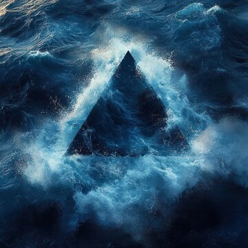 Dark triangular shape emerging from turbulent deep blue ocean waves with white foam surrounding it, creating a dramatic and mysterious atmosphere