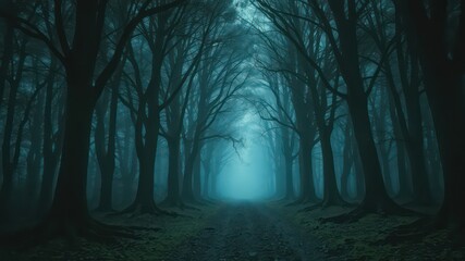 Fototapeta premium Mysterious Foggy Path Through a Dark Forest at Night