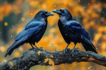 Two shiny black ravens perched on a mossy tree branch surrounded by soft glowing orange and yellow autumn foliage, creating a serene and intimate atmosphere