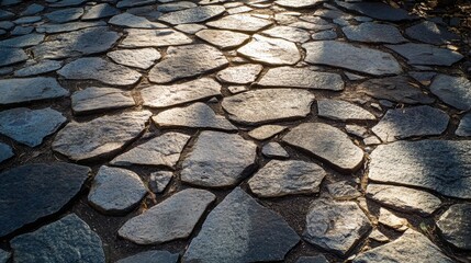 Sunlight Glancing Across a Stone-Paved Path, Creating a Natural Mosaic of Light and Shadow